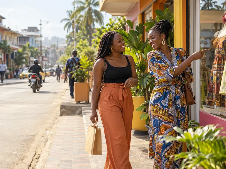 Deux clientes discutent devant une boutique
